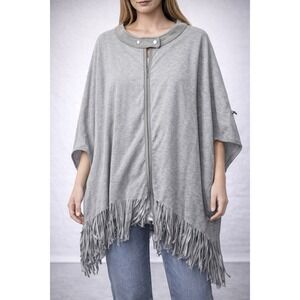 New Liberty Garden Poncho Fringe Gray Faux Suede Snap Collar Small Western Boho